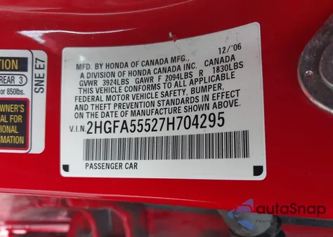 2007 Honda Civic Si from USA, damaged, VIN 2HGFA55527H704295